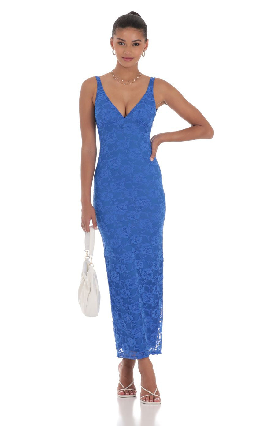 Lucy in the Sky Lace Open Back Bodycon Maxi Dress in Blue