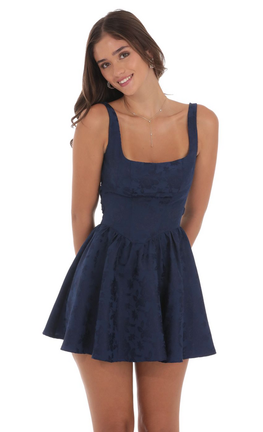 Lucy in the Sky Floral Jacquard Open Back Bow Dress in Navy