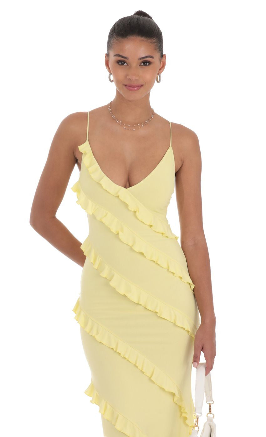 Lucy in the Sky Ruffle V-Neck Maxi Dress in Yellow