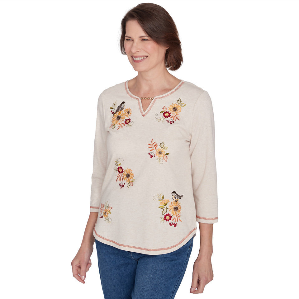 Alfred Dunner Women's Sunflowers And Birds Top