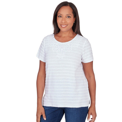 Alfred Dunner Women's Lace Neck Striped Split Hem Tee 2