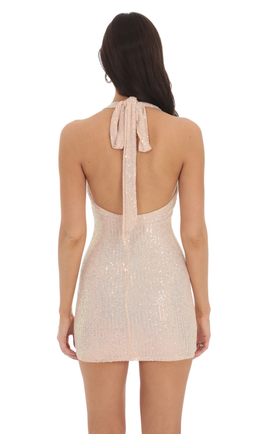 Lucy in the Sky Iridescent Sequin Halter Dress in Champagne Cream