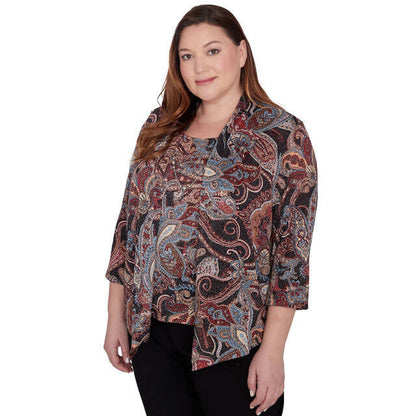 Alfred Dunner Women's Metallic Paisley Two In One Top with Necklace