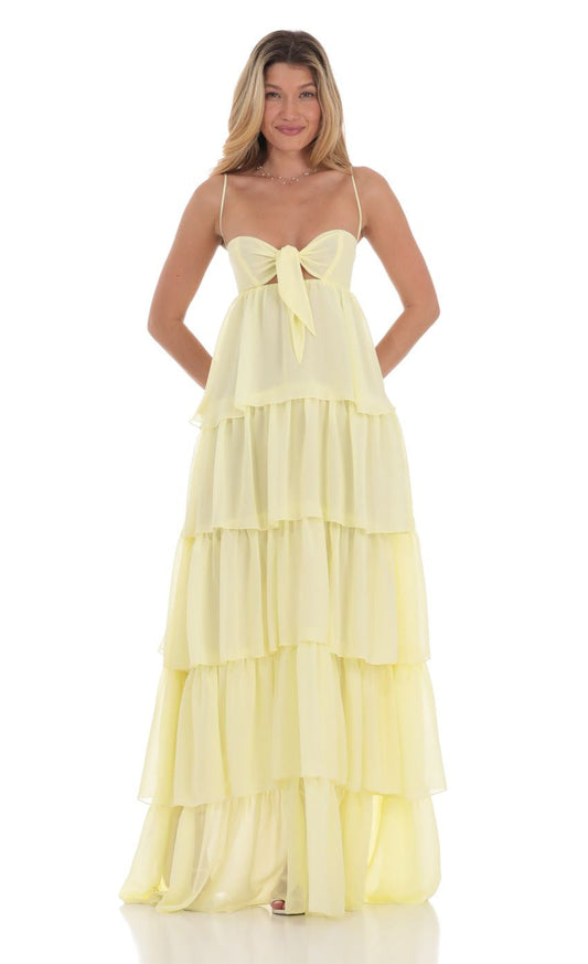 Lucy in the Sky Ruffle Front Tie Maxi Dress in Yellow