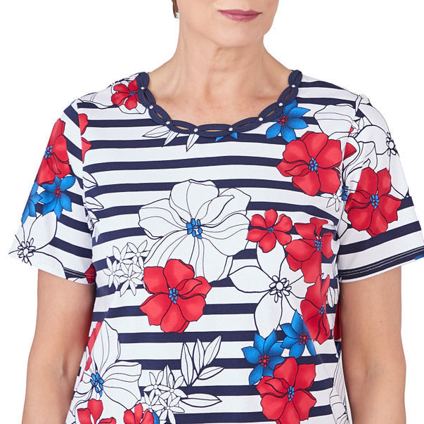 Alfred Dunner Women's Floral Stripe Braided Neck Tee