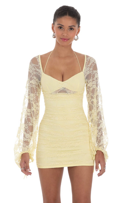 Lucy in the Sky Lace Ruched Long Sleeve Dress