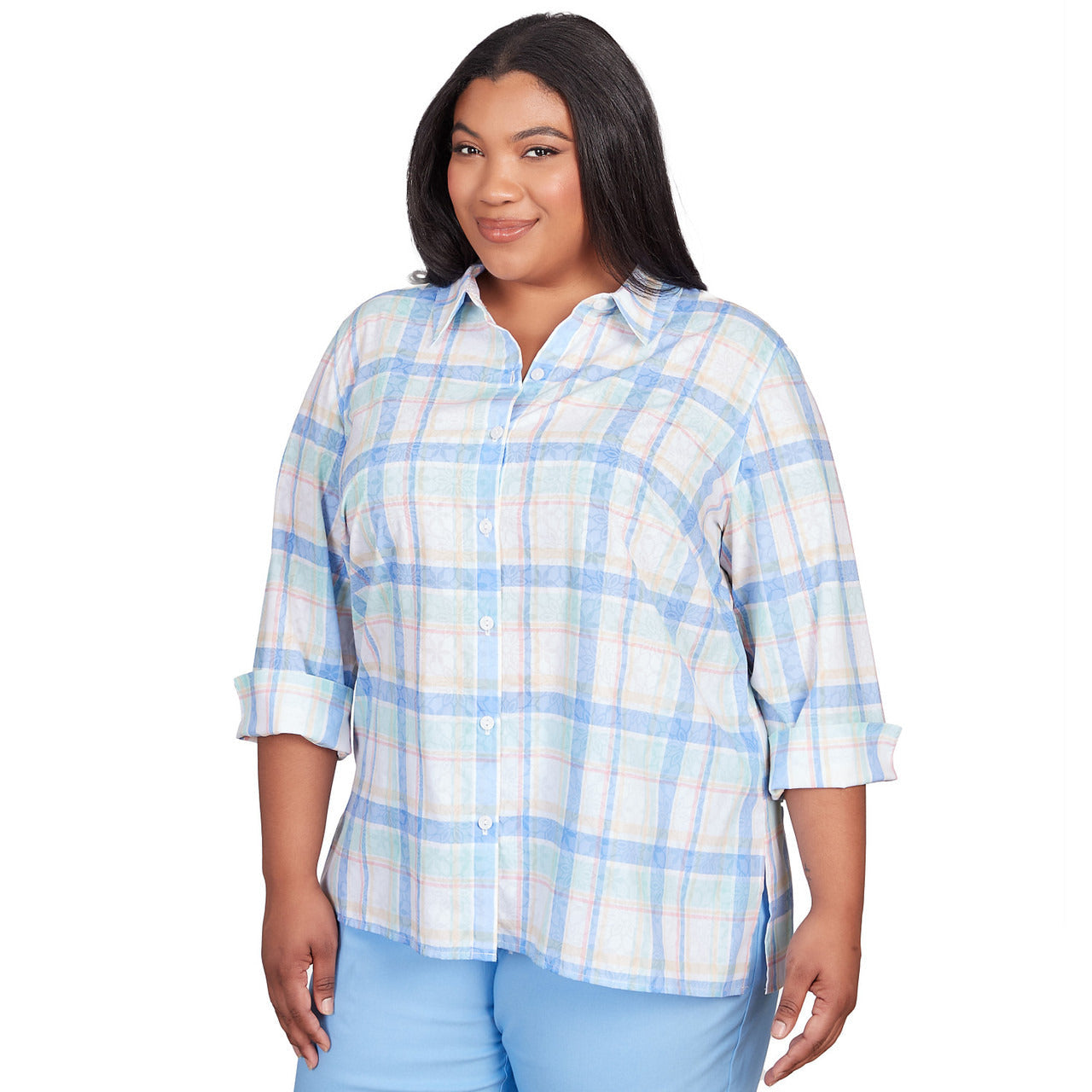 Alfred Dunner Women's Neutral Plaid Button Down Top