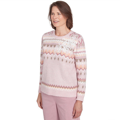 Alfred Dunner Women's Floral Embroidered Fairisle Sweater