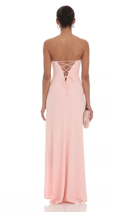 Lucy in the Sky Ruched Strapless Corset Maxi Dress in Pink