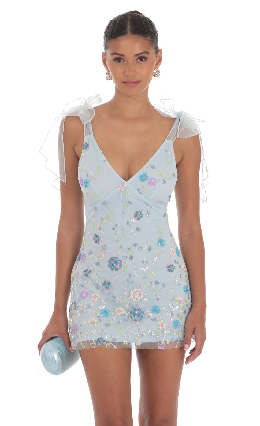 Lucy in the Sky Floral Sequin V-Neck Dress in Blue