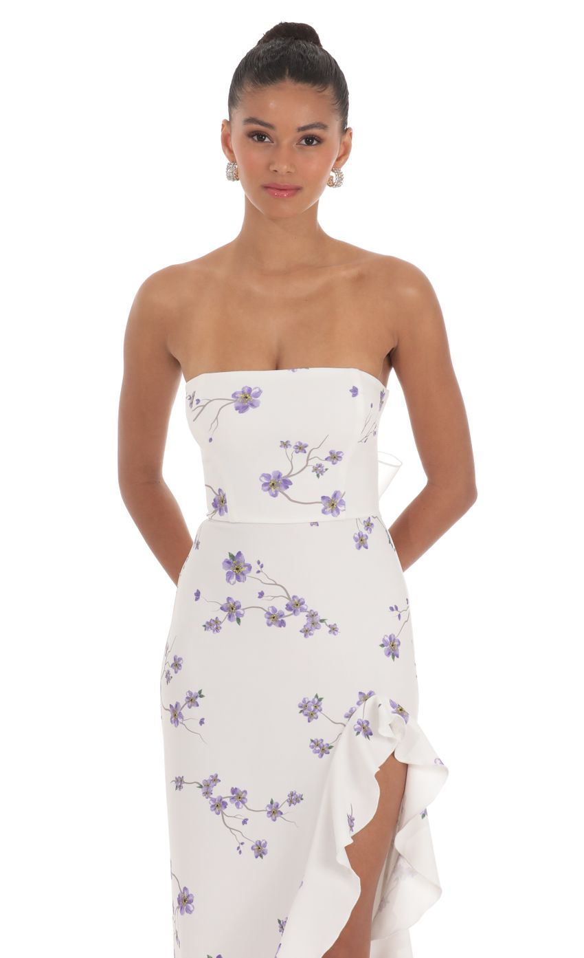 Lucy in the Sky Floral Strapless Back Bow Corset Maxi Dress in White