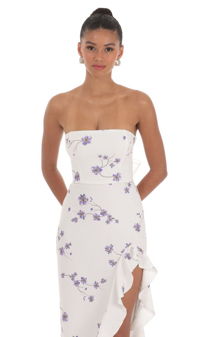 Lucy in the Sky Floral Strapless Back Bow Corset Maxi Dress in White