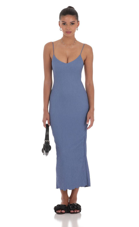 Lucy in the Sky Crinkle V-Neck Bodycon Maxi Dress in Slate Blue