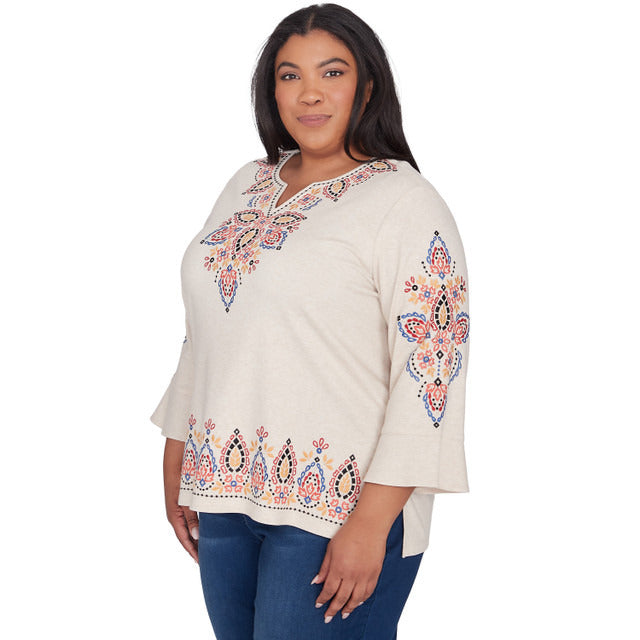 Alfred Dunner Women's Medallion Embroidered Flutter Sleeve Top