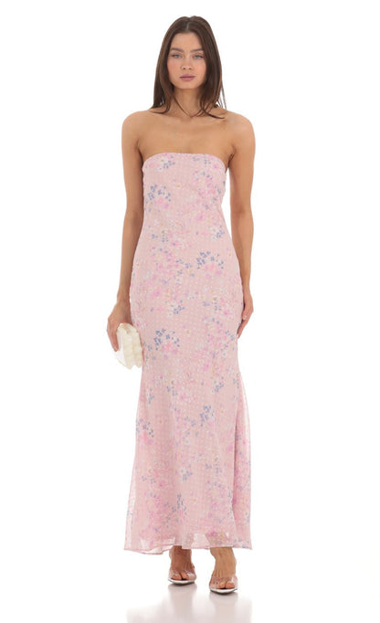 Lucy in the Sky Dotted Floral Strapless Maxi Dress in Pink