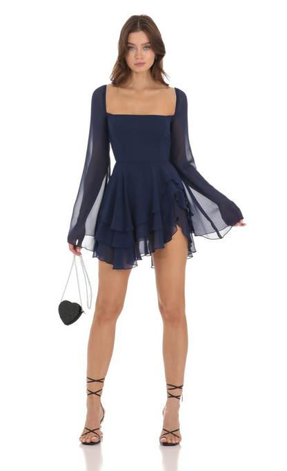 Lucy in the Sky Chiffon Bell Sleeve Dress in Navy