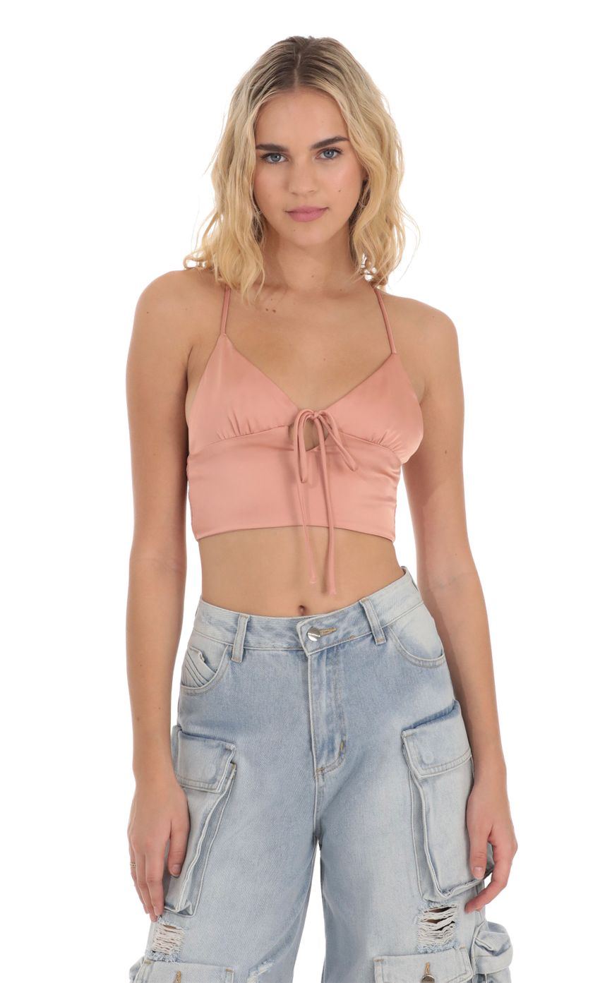 Lucy in the Sky Front Tie Satin Top in Apricot